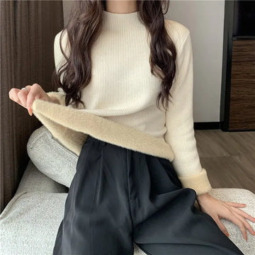 Getadme-Autumn Winter Sweater Women Velvet Half Turtleneck Bottoming Solid Color Simple Soft Thermal Top Long-Sleeved Thickened T-Shirt